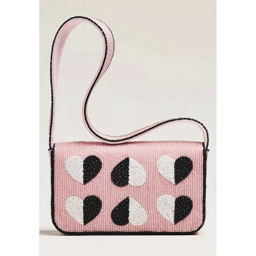 NWT Anthropologie The Fiona Beaded Bag: Icon Edition Pink Black Hearts